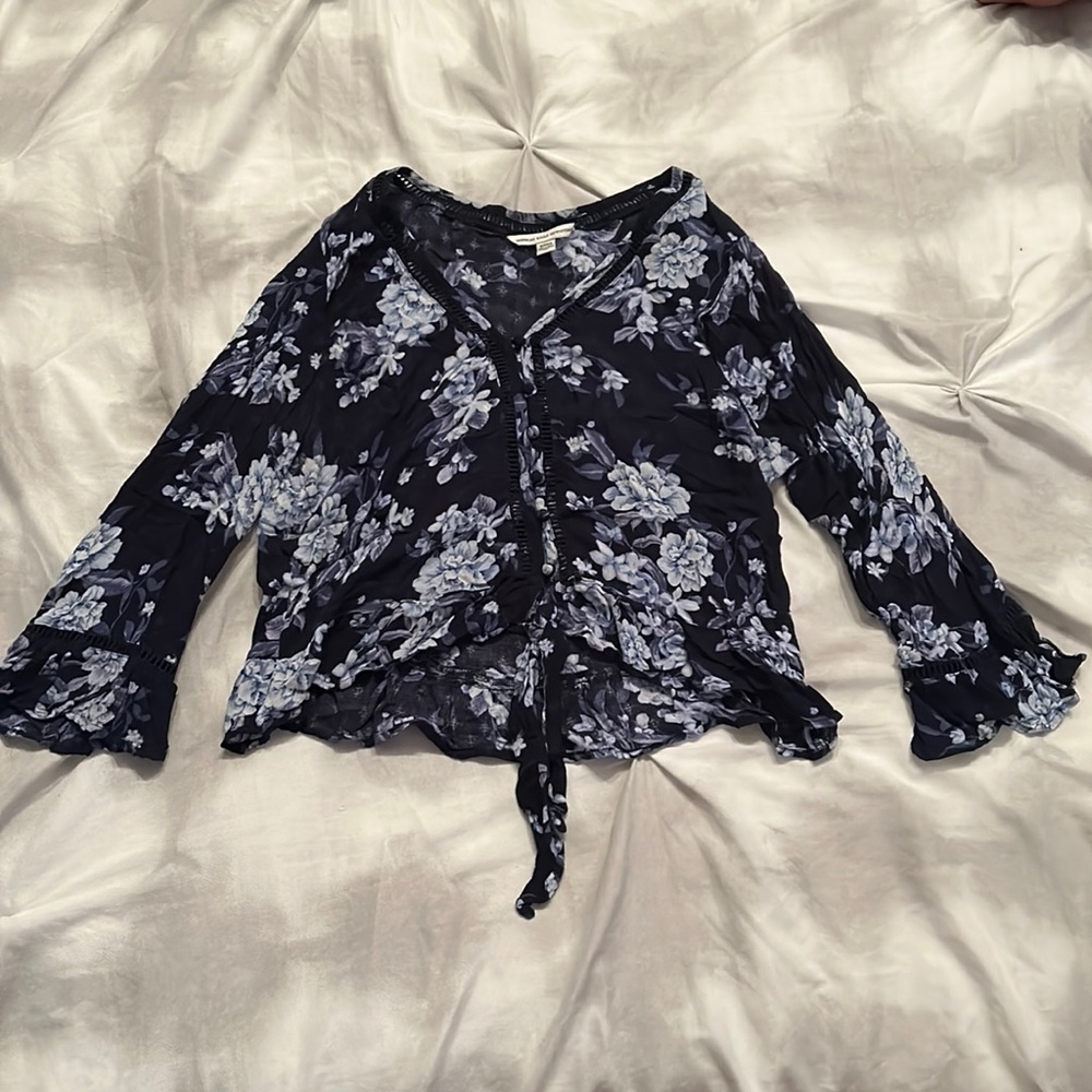 AEO Floral Button Down and Tie  Top